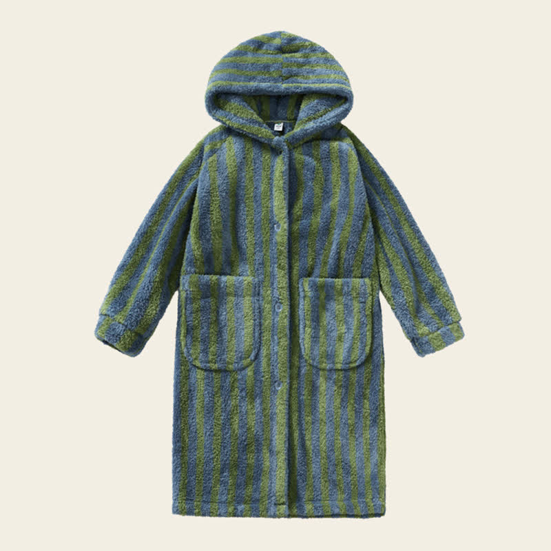 Ownkoti Striped Hooded Plush Warm Child Robe - Dark Green - Child:120-140cm - image 7