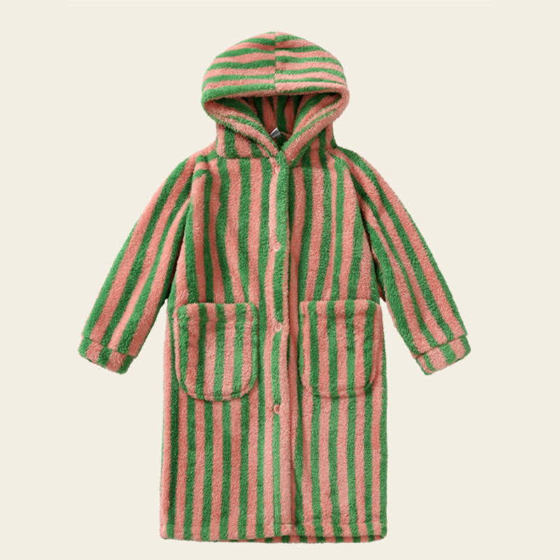 Ownkoti Striped Hooded Plush Warm Child Robe - Pink & Green - Child:100-120cm - image 8