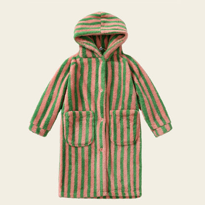 Ownkoti Striped Hooded Plush Warm Child Robe - Pink & Green - Child:100-120cm - image 8