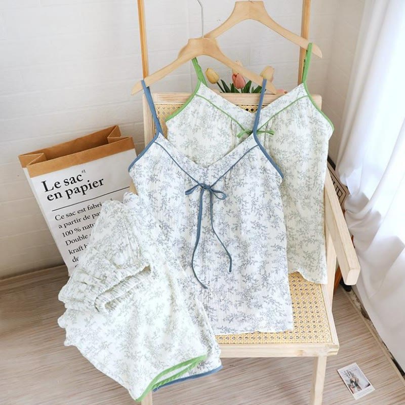 Bow-tie V-neckline Soft Cotton Gauze Pajamas - image 1