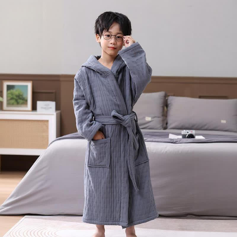 Ownkoti Solid Cotton Gauze Hooded Child Bathrobe - Gray - Child:135-150cm - image 8