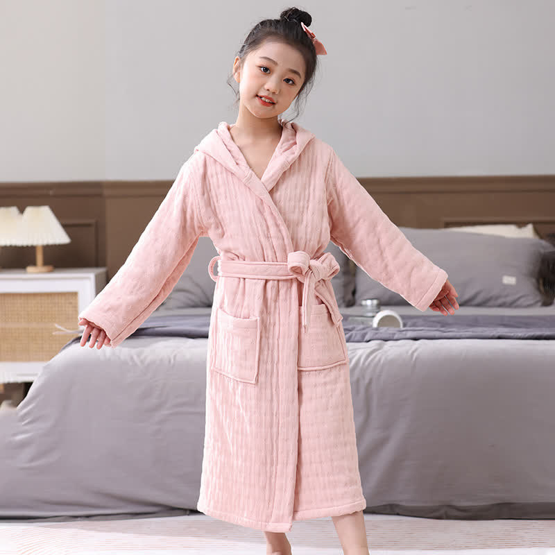 Ownkoti Solid Cotton Gauze Hooded Child Bathrobe - Pink - Child:135-150cm - image 1