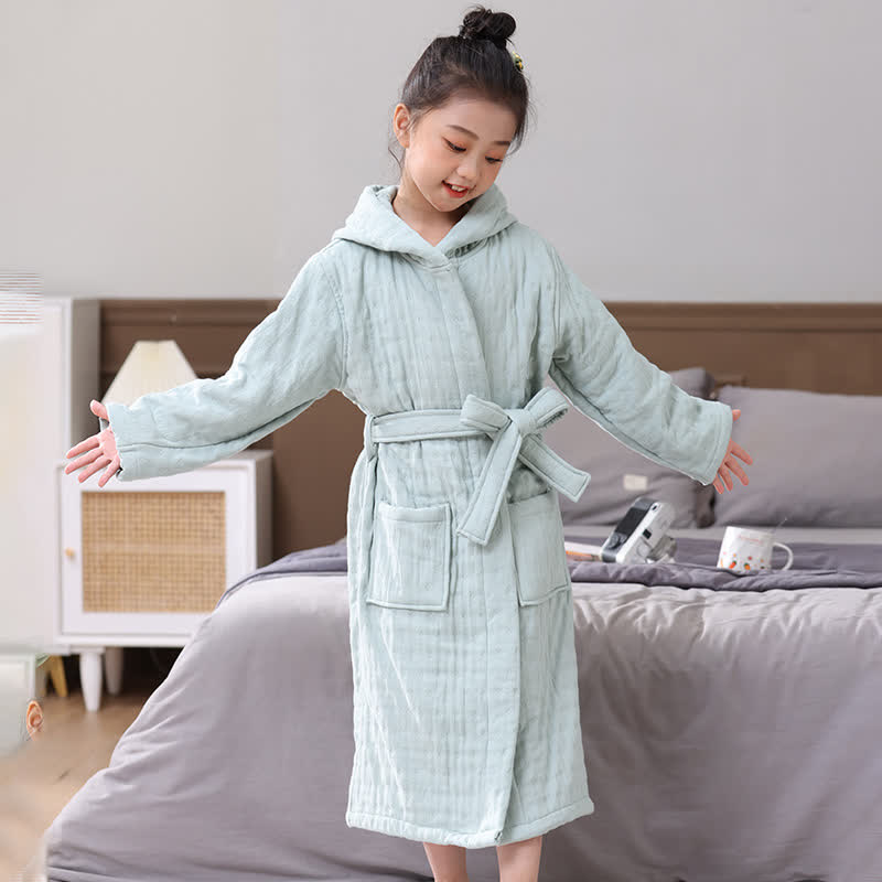 Ownkoti Solid Cotton Gauze Hooded Child Bathrobe - Green - Child:135-150cm - image 4