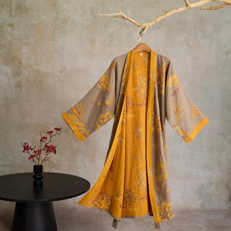 Ownkoti Landscape Jacquard Cotton Gauze Kimono Robe - Yellow - XL - image 0