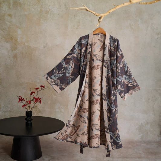 Ownkoti Leaf Jacquard Cotton Gauze Kimono Robe - Black - XL - image 0