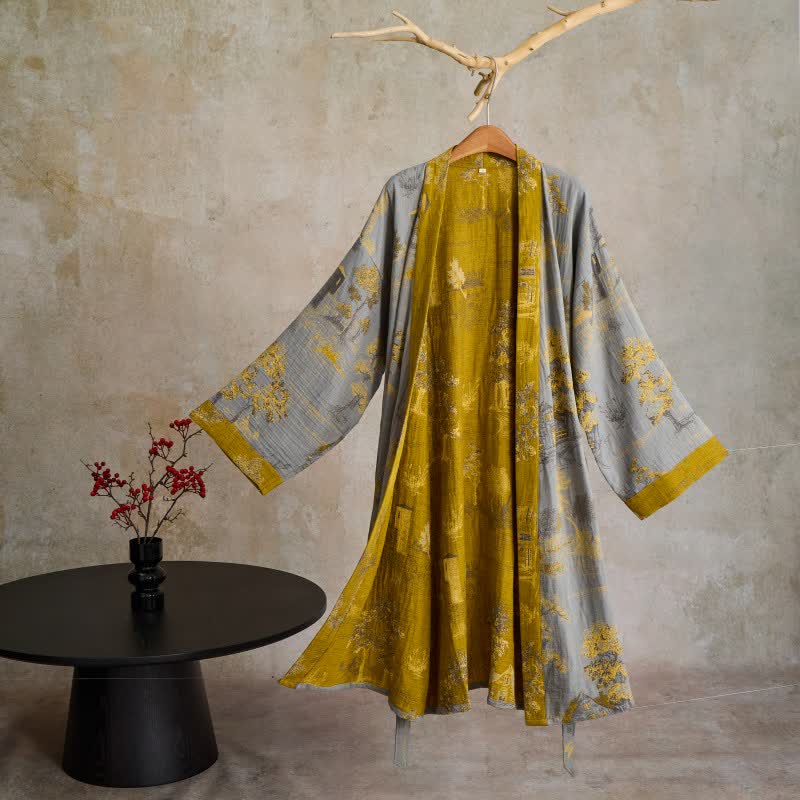 Ownkoti Vintage Tree Cotton Gauze Kimono Robe - Gray Blue - XL - image 4
