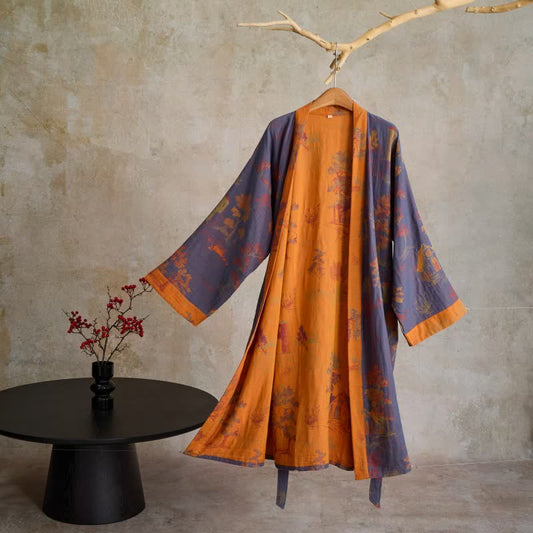 Ownkoti Vintage Tree Cotton Gauze Kimono Robe - Purple - XL - image 0