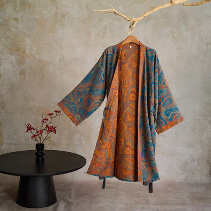 Ownkoti Artistic Abstract Pattern Cotton Kimono Robe - Blue - L - image 0