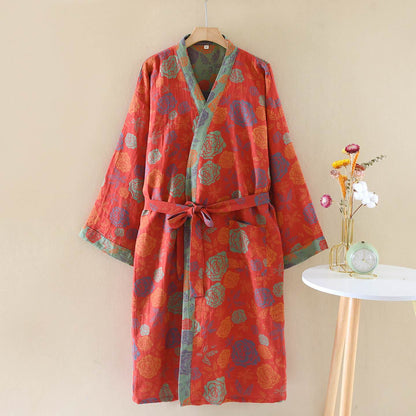 Ownkoti Romantic Rose Cotton Gauze Kimono Robe - Red - XL - image 0