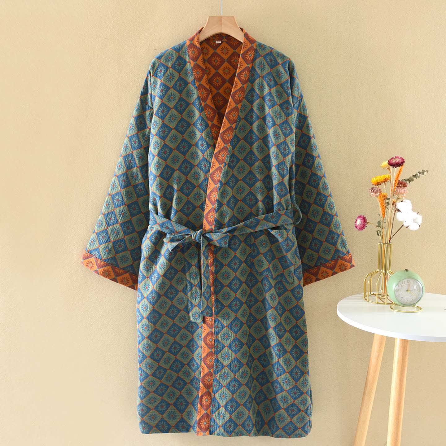 Ownkoti Retro Geometric Diamond Cotton Kimono Robe - Blue - XL - image 0