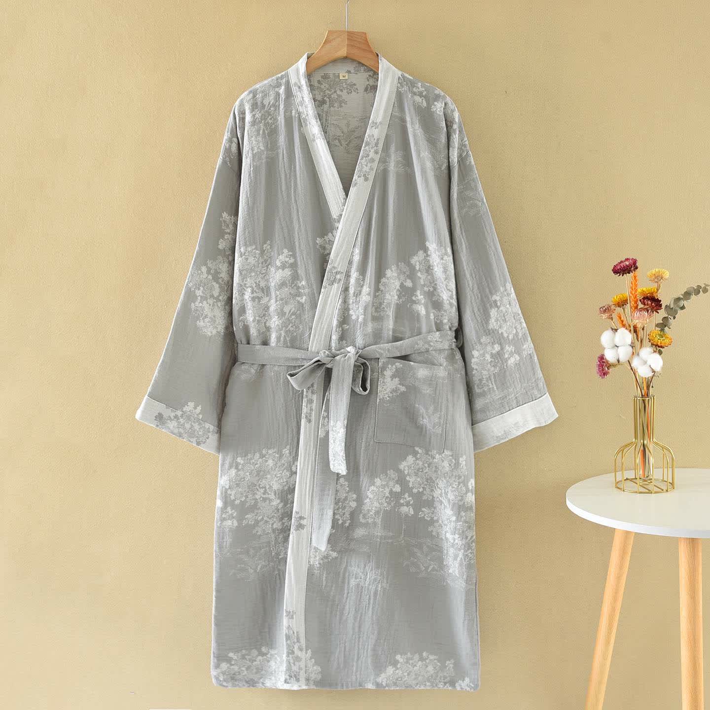 Ownkoti Rustic Bushes Cotton Gauze Kimono Robe - Gray - XL - image 1