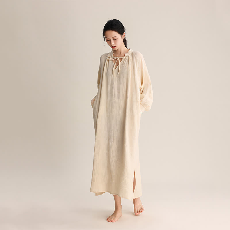 Ownkoti Solid V-neck Bow-Tie Cotton Nightdress - Apricot - L - image 0