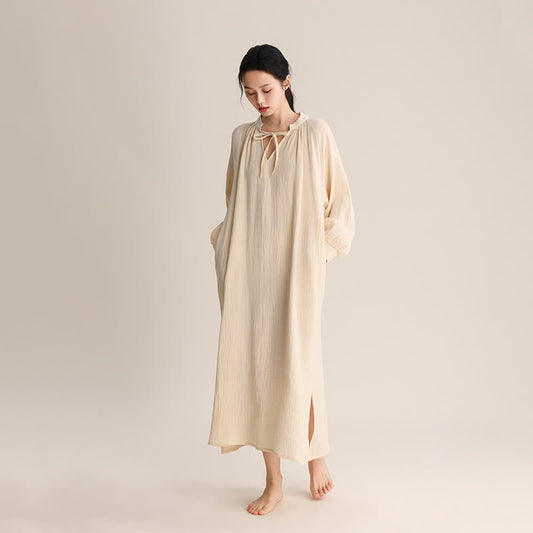 Ownkoti Solid V-neck Bow-Tie Cotton Nightdress - Apricot - L - image 0