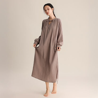 Ownkoti Solid V-neck Bow-Tie Cotton Nightdress - Coffee - L - image 3