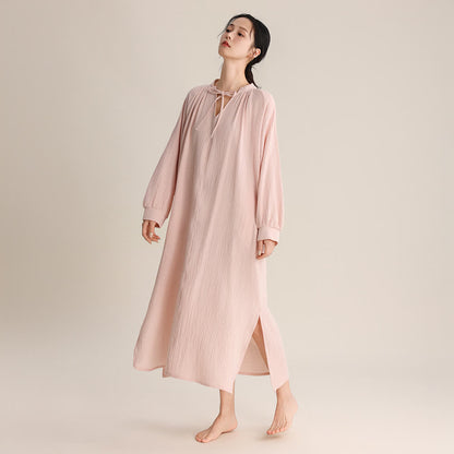 Ownkoti Solid V-neck Bow-Tie Cotton Nightdress - Pink - L - image 4