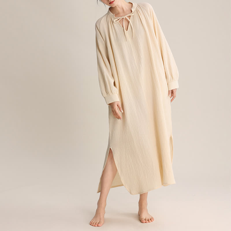 Ownkoti Solid V-neck Bow-Tie Cotton Nightdress - image 2