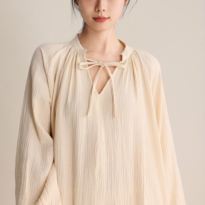 Ownkoti Solid V-neck Bow-Tie Cotton Nightdress - image 3