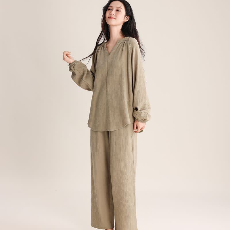 Ownkoti Minimalist V-neck Cotton Loungewear Set - Green - XL - image 8