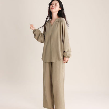 Ownkoti Minimalist V-neck Cotton Loungewear Set - Green - XL - image 8