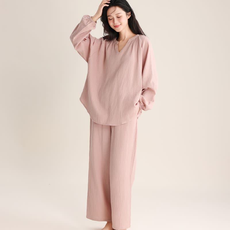 Ownkoti Minimalist V-neck Cotton Loungewear Set - Pink - XL - image 3