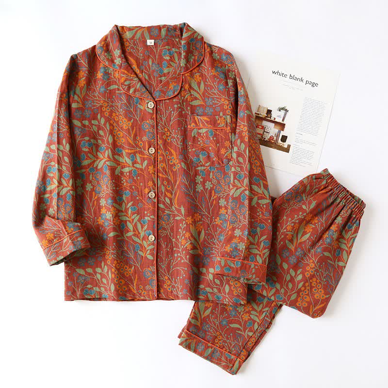 Ownkoti Vintage Leaf Cotton Lapel Loungewear Set - Red & Orange - 2XL - image 14