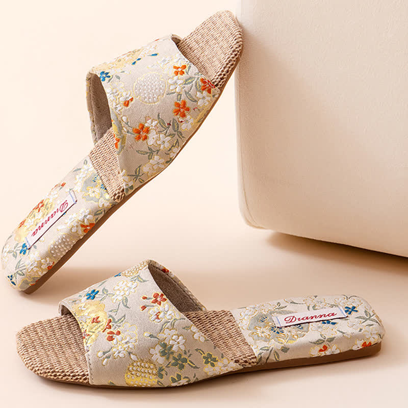 Ownkoti Floral Embroidered Linen House Slippers - Beige - L - image 12