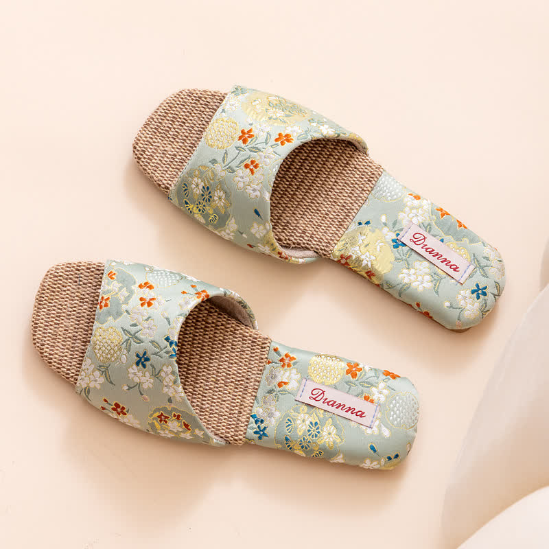 Ownkoti Floral Embroidered Linen House Slippers - Light Green - L - image 9