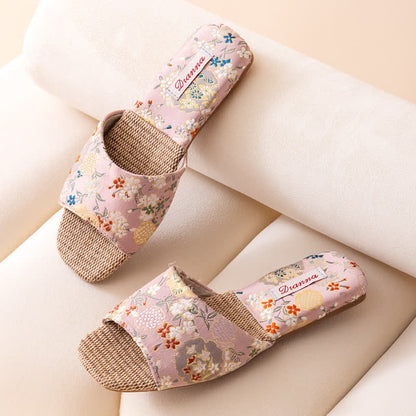 Ownkoti Floral Embroidered Linen House Slippers - Pink - L - image 4