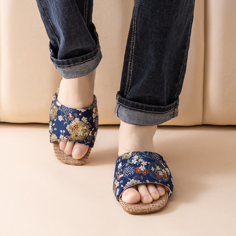 Ownkoti Floral Embroidered Linen House Slippers - Navy Blue - L - image 16
