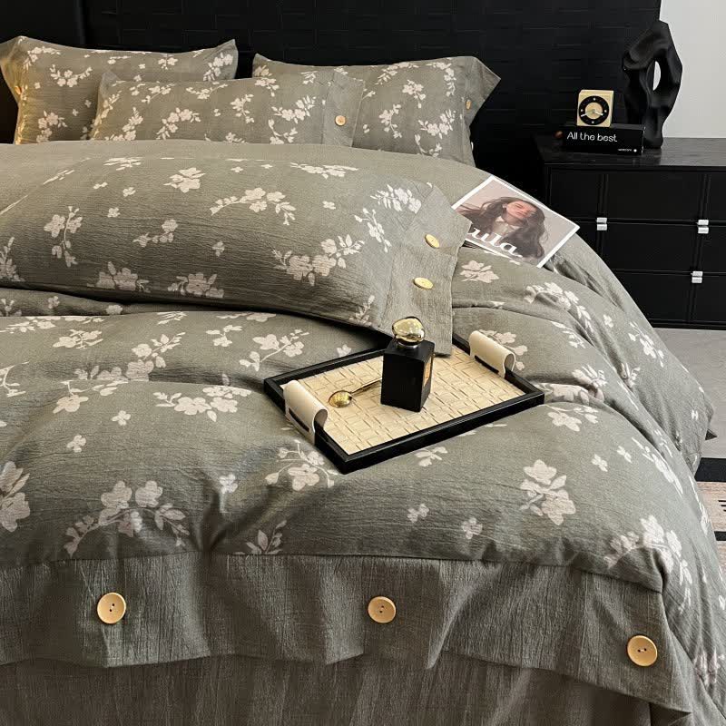 Ownkoti Vintage Floral Linen Button Bedding Set (4PCS)  - image 1