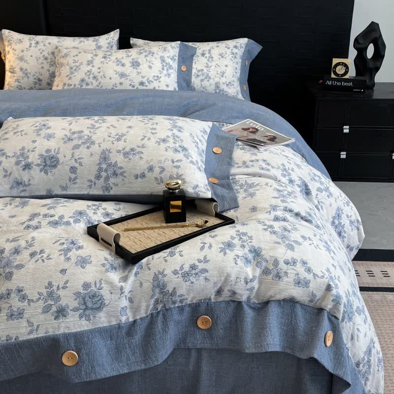 Ownkoti Blue Floral Linen Button Bedding Set (4PCS)  - image 1