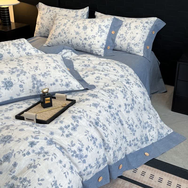 Ownkoti Blue Floral Linen Button Bedding Set (4PCS)  - image 4