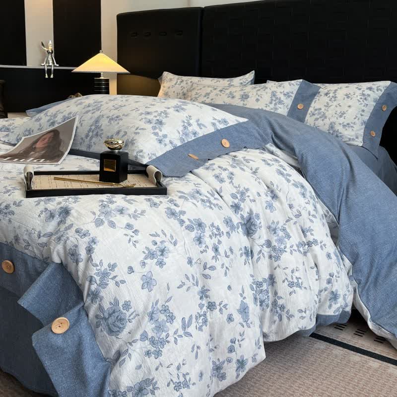 Ownkoti Blue Floral Linen Button Bedding Set (4PCS)  - image 3