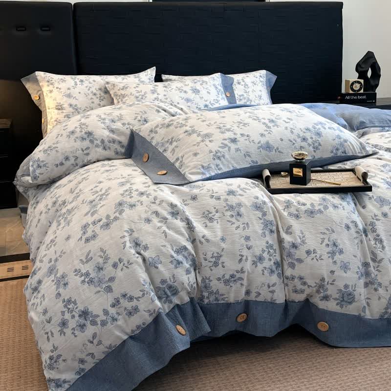 Ownkoti Blue Floral Linen Button Bedding Set (4PCS)  - image 2