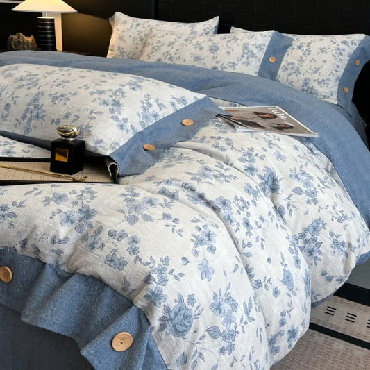 Ownkoti Blue Floral Linen Button Bedding Set (4PCS)  - King - image 0