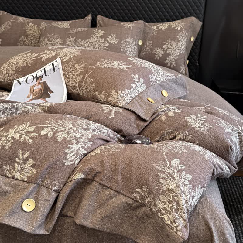 Ownkoti Botanical Leaf Linen Button Bedding Set (4PCS)  - image 1