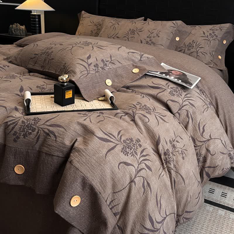 Ownkoti Retro Leaf Linen Button Bedding Set (4PCS)  - King - image 0