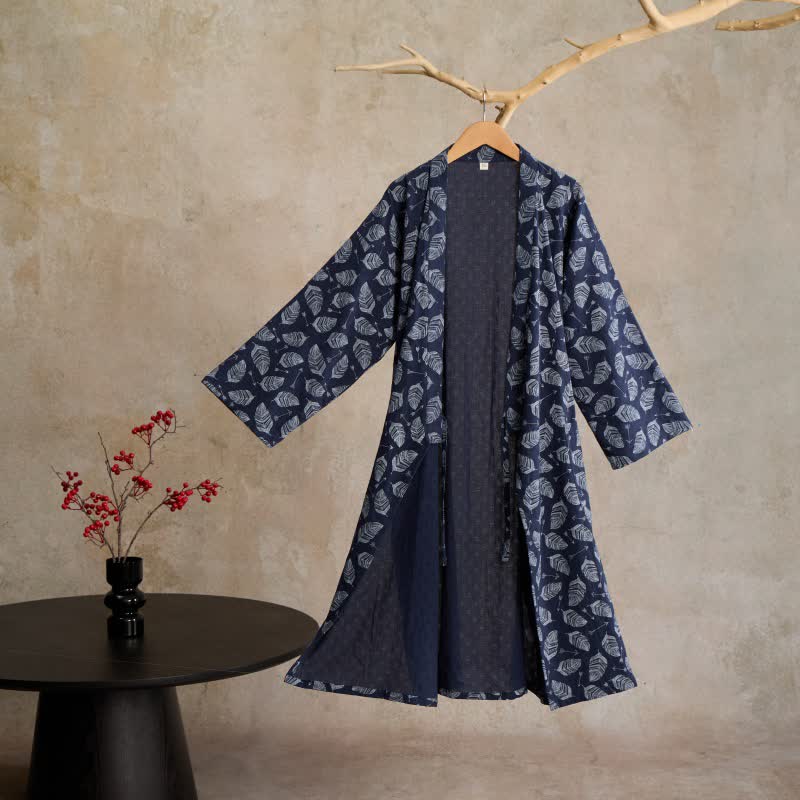 Ownkoti Leaf Arrow Cotton Kimono Robe - Navy Blue - L - image 0