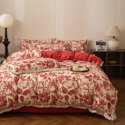 Ownkoti Red Botanical Lace Brushed Cotton Bedding Set - image 2