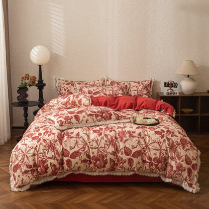 Ownkoti Red Botanical Lace Brushed Cotton Bedding Set - image 1