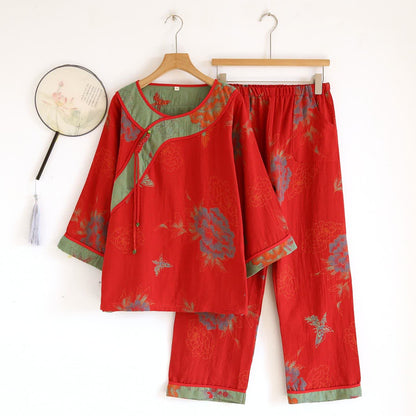 Ownkoti Peony Butterfly Jacquard Cotton Gauze Pajamas - Red - XL - image 13
