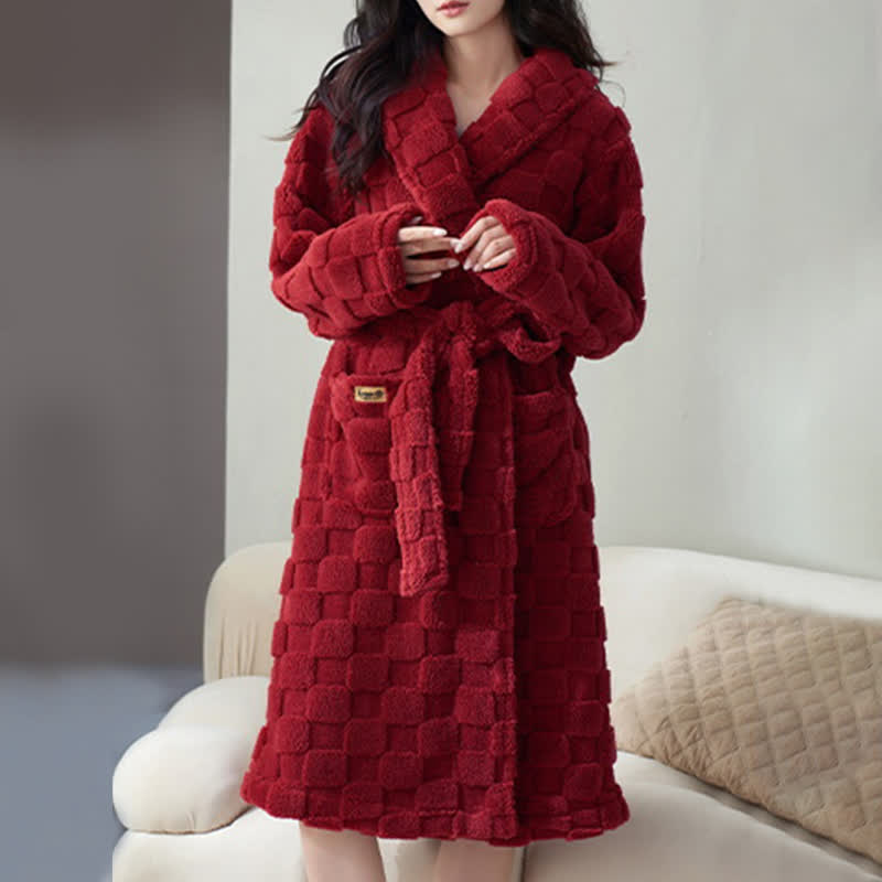 Ownkoti Couple Matching Plaid Textured Fleece Robe - Red - Women:XXL - image 9