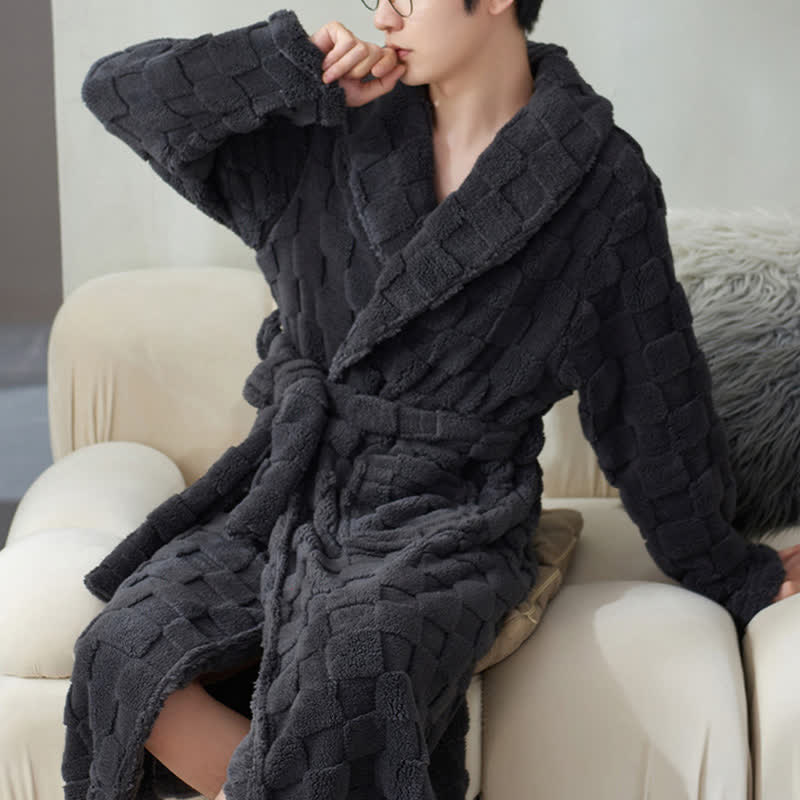 Ownkoti Couple Matching Plaid Textured Fleece Robe - Gray - Men:XXXL - image 11