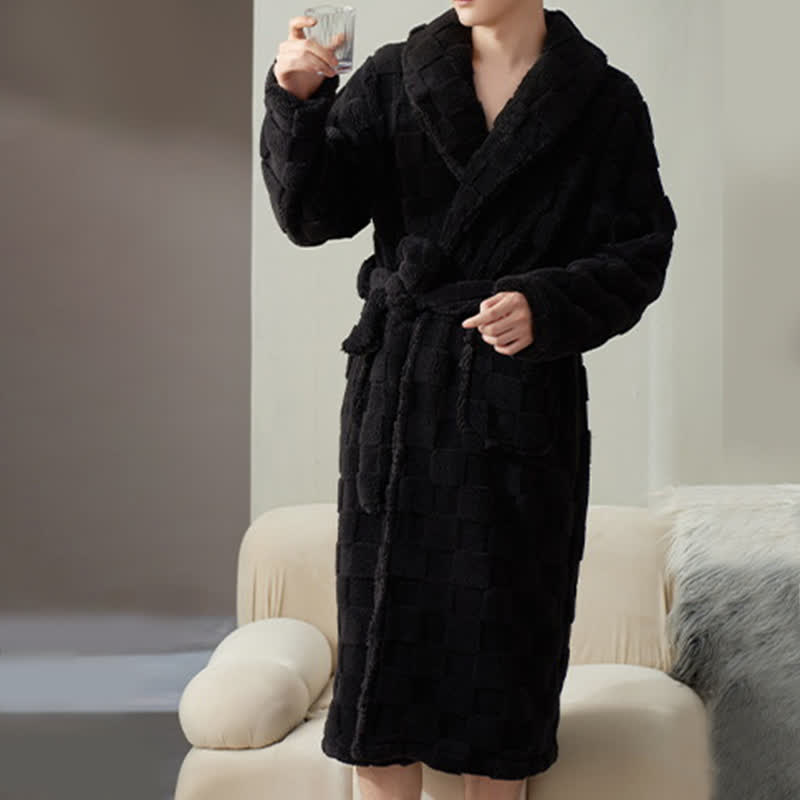 Ownkoti Couple Matching Plaid Textured Fleece Robe - Black - Men:XXXL - image 17