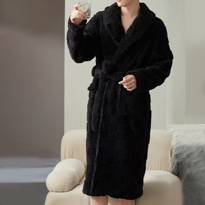 Ownkoti Couple Matching Plaid Textured Fleece Robe - Black - Men:XXXL - image 17