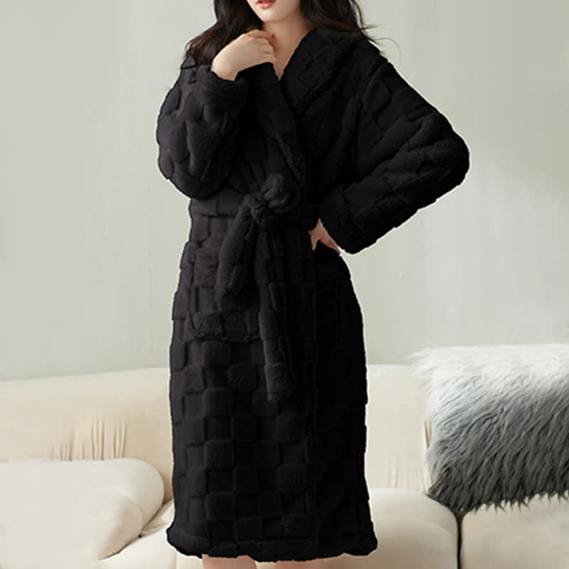 Ownkoti Couple Matching Plaid Textured Fleece Robe - Black - Women:XXL - image 16