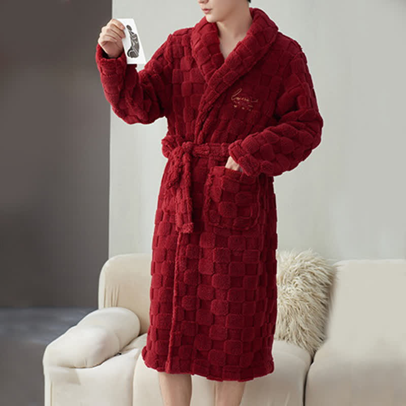 Ownkoti Couple Matching Plaid Textured Fleece Robe - Red - Men:XXXL - image 10
