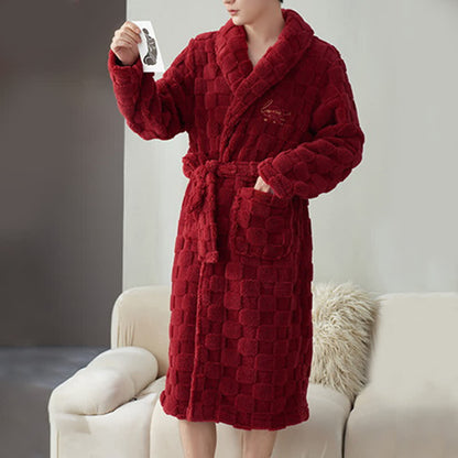 Ownkoti Couple Matching Plaid Textured Fleece Robe - Red - Men:XXXL - image 10