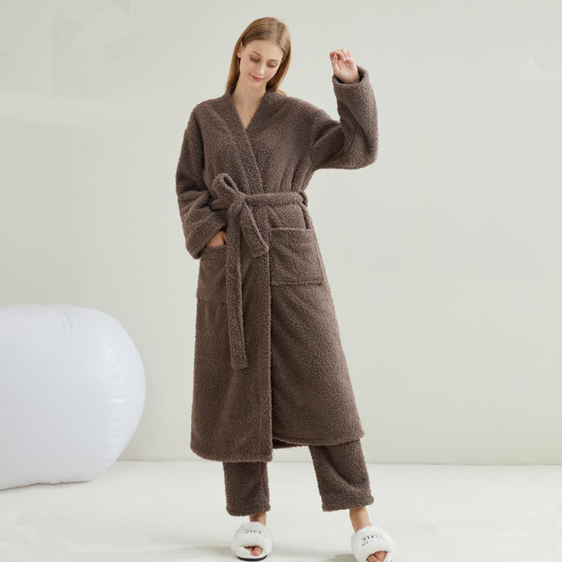 Ownkoti Couple Matching Solid Color Bathrobe Pants Set - Bathrobe with pants - Coffee - XXL - image 7