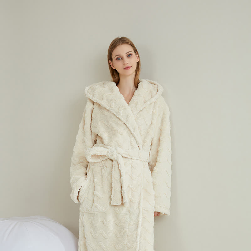 Ownkoti Unisex Wavy Textured Hooded Bathrobe - Beige - 2XL - image 5